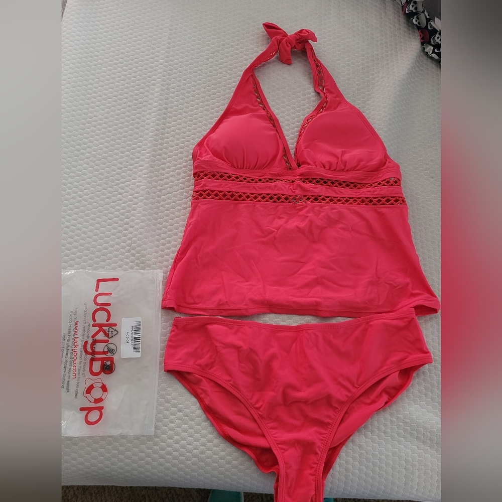 NWT LuckyBop bright coral tankini swim set sz XL